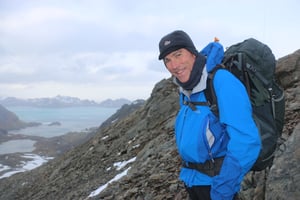 John Shears on Mount Duse looking down to Maiviken, South Georgia - image credit Seb Coulthard